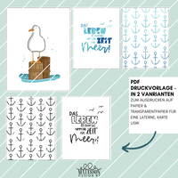 Drei verschiedene maritime Druckvorlagen zur Gestaltung von Laternen von easy-sticks, darunter eine Möwe und Anker-Muster. Ideal zum Ausdrucken auf Papier oder Transparentpapier für kreatives Basteln mit der PDF "Meer" Laterne Easy-Sticks Bastel PDF.