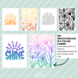 Fünf kreative PDF-Druckvorlagen für die Blumen Shine DIY Laterne von easy-sticks in drei bunten Farbtönen. Ideal zum Ausdrucken auf Papier und Transparentpapier, um stimmungsvolle Lichter zu basteln.