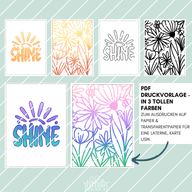 Fünf kreative PDF-Druckvorlagen für die Blumen Shine DIY Laterne von easy-sticks in drei bunten Farbtönen. Ideal zum Ausdrucken auf Papier und Transparentpapier, um stimmungsvolle Lichter zu basteln.
