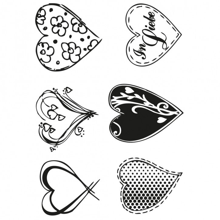 Stempel Clear Herzen von easy-sticks, A7, 6-teiliges Set mit verschiedenen herzlichen Designs, ideal für kreative Bastelprojekte und Kartenherstellung.