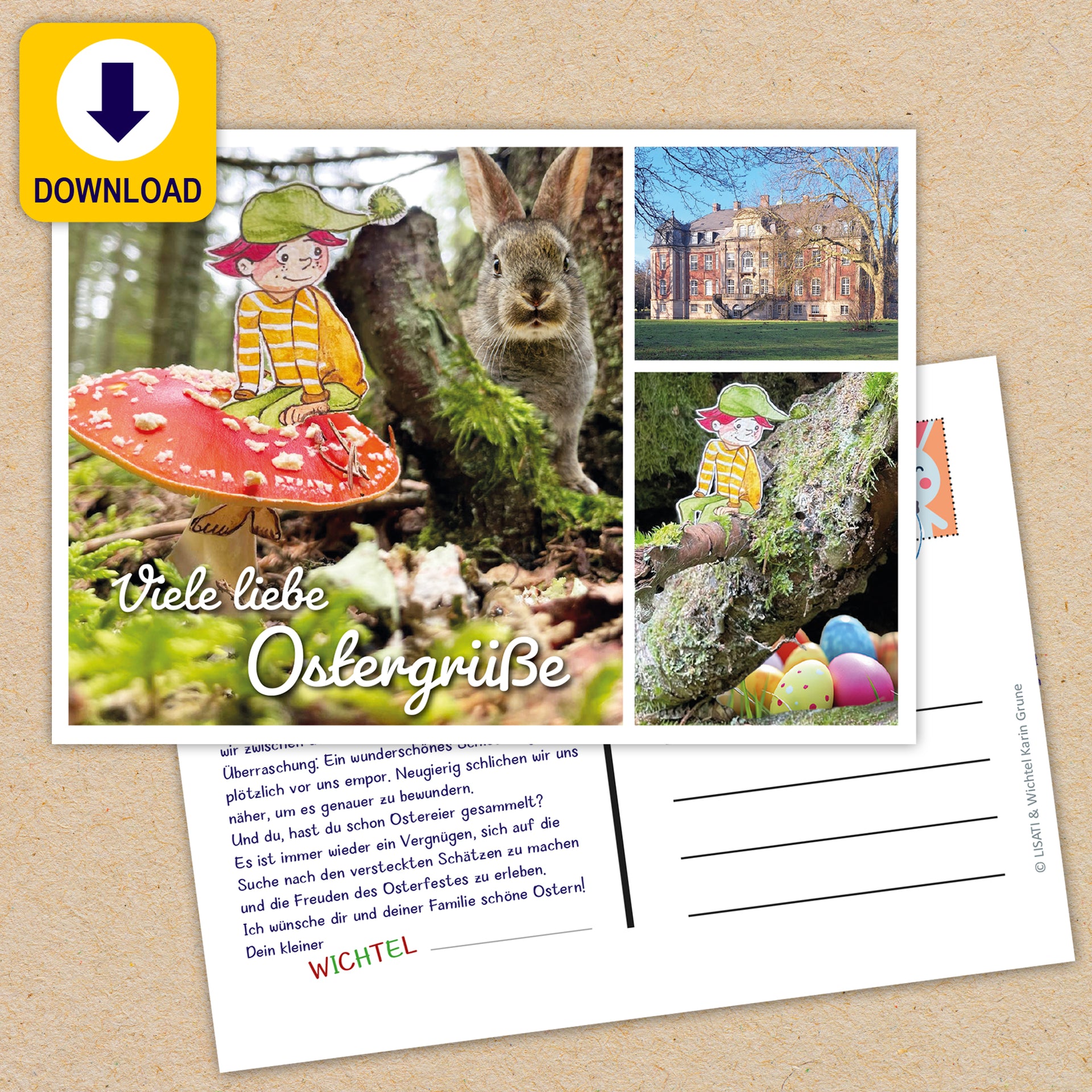 Osterwichtel Wichtelpostkarte mit buntem Design und Ostergrüßen für Kinder