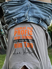 Detailaufnahme eines grauen T-Shirts mit dem Spruch "Einmal mit PROFIS war früher Heute reicht mir schon ein Tag ohne Idioten!" in orange von easy-sticks, ideal für persönliche Gestaltung.