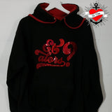 Schwarzer Hoodie mit glitzerndem roten Schriftzug "Et alors?" von easy-sticks, ideal für lässige Looks und kreative Freizeitgestaltungen.