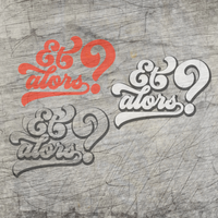 Kreative Präsentation der "Et alors?" Plotterdatei von easy-sticks, einschließlich dreier unterschiedliche Designs in Rot und Schwarz auf einem strukturierten Hintergrund.