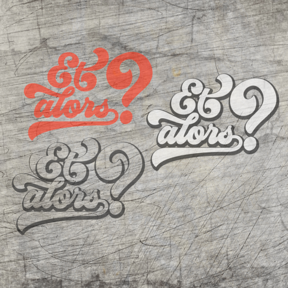 Kreative Präsentation der "Et alors?" Plotterdatei von easy-sticks, einschließlich dreier unterschiedliche Designs in Rot und Schwarz auf einem strukturierten Hintergrund.