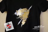 Stylisches T-Shirt mit dem grafischen Design "Face your fear" von Easy-Sticks in Silber und Gold auf schwarzem Hintergrund, ideal für kreative Projekte.