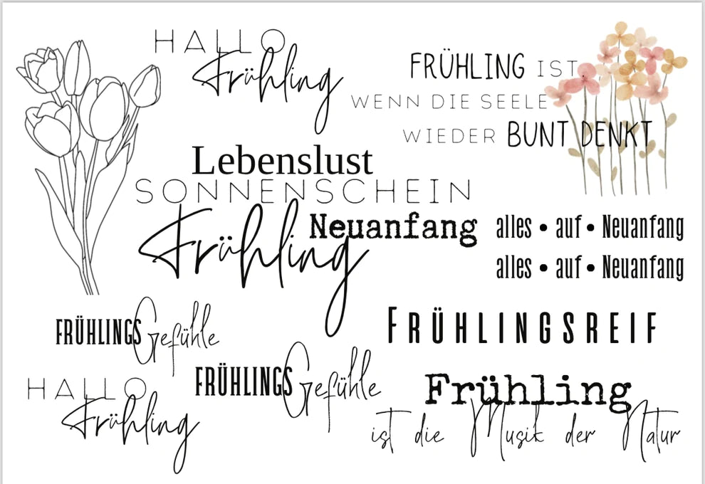 Rub On UV Sticker randlos Frühling von easy-sticks - Vielseitige Sticker mit Frühlingsbotschaften und Blumenillustrationen, ideal für individuelles Basteln und Gestaltung.