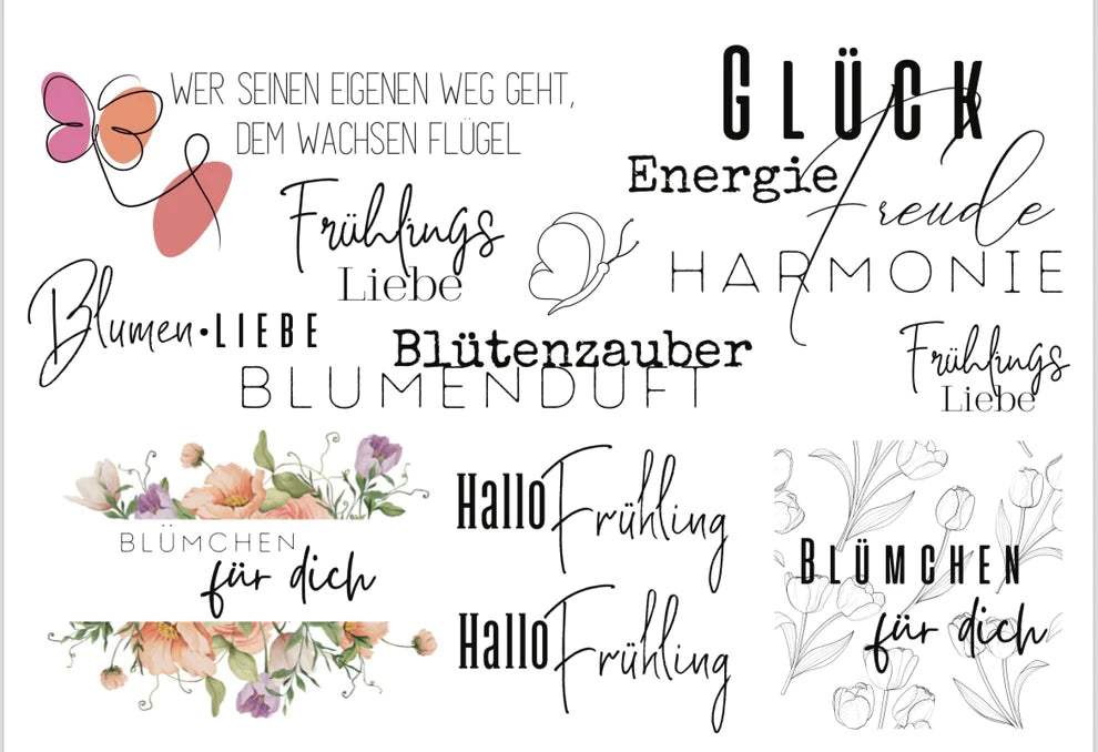 Gestaltungsmöglichkeiten des Rub On UV Stickers von easy-sticks, mit Motiven und Schriften, ideal für Frühlingsprojekte und persönliche Kunstwerke.
