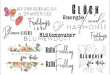 Gestaltungsmöglichkeiten des Rub On UV Stickers von easy-sticks, mit Motiven und Schriften, ideal für Frühlingsprojekte und persönliche Kunstwerke.