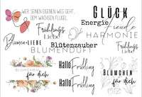Gestaltungsmöglichkeiten des Rub On UV Stickers von easy-sticks, mit Motiven und Schriften, ideal für Frühlingsprojekte und persönliche Kunstwerke.