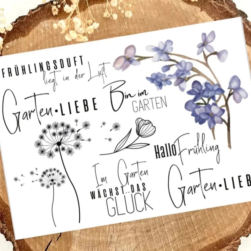 Rub on UV Sticker ‚Gartenliebe A5‘ von easy-sticks mit liebevollen Frühlingsmotiven, darunter florale Designs und inspirierende Sprüche für DIY-Projekte.