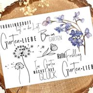 Rub on UV Sticker ‚Gartenliebe A5‘ von easy-sticks mit liebevollen Frühlingsmotiven, darunter florale Designs und inspirierende Sprüche für DIY-Projekte.