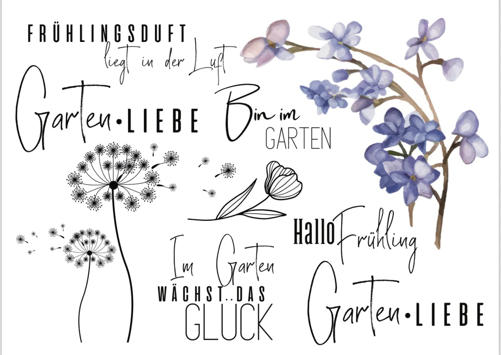 Rub on UV Sticker ‚Gartenliebe A5‘ von easy-sticks, illustriert mit zarten Blumen und fröhlichen Botschaften für kreative Bastelideen.