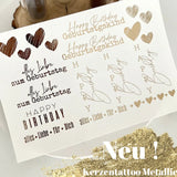 Elegantes Kerzentattoo Metallic Wasserschiebefolie für Geburtstage von easy-sticks, mit glänzenden Schriftzügen und Herzelementen, ideal zur Dekoration von Kerzen.