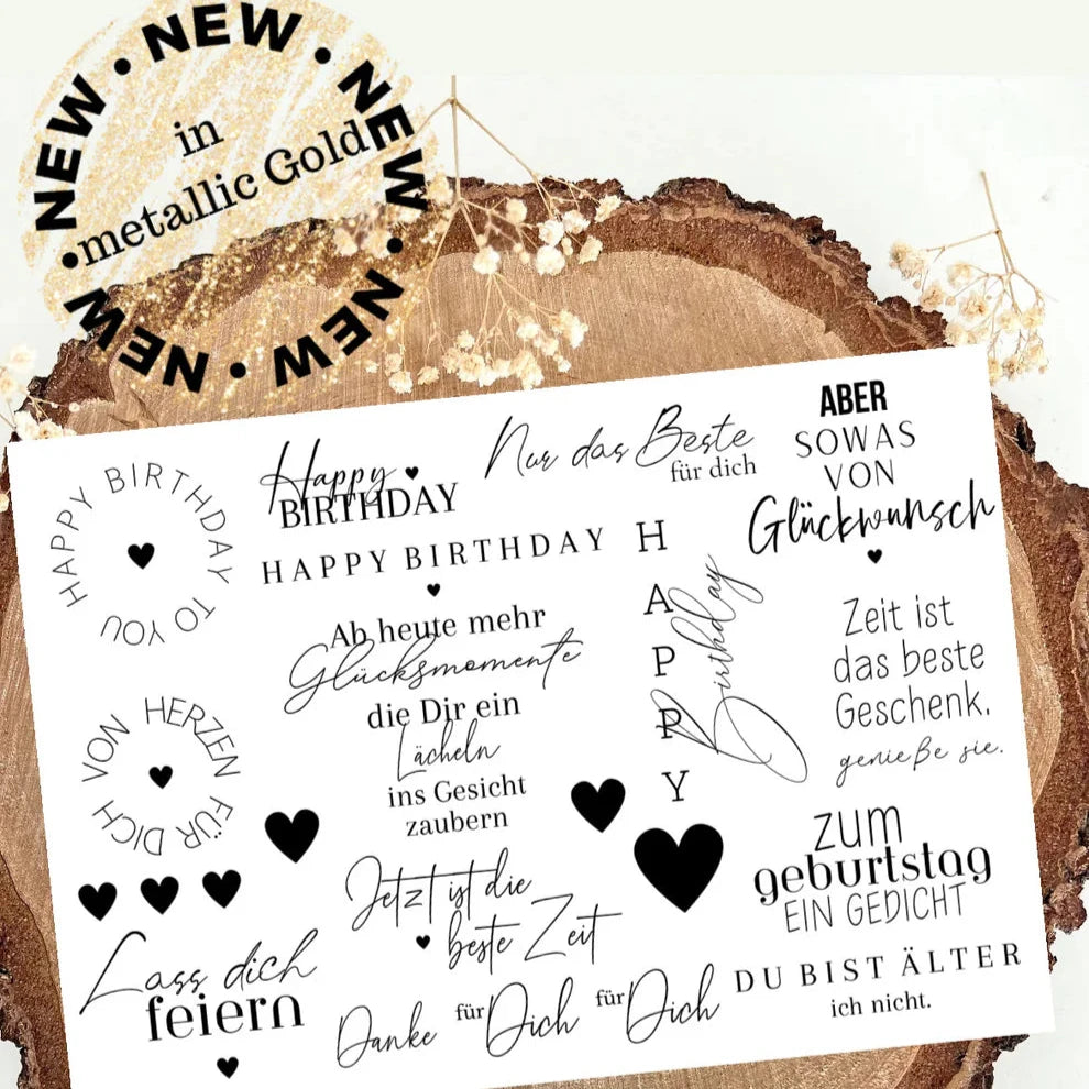 Goldene Happy Birthday Rub On UV Sticker randlos A5 von easy-sticks, dekorative Aufkleber mit verschiedenen Glückwünschen für Geburtstagsfeiern in elegantem Design.