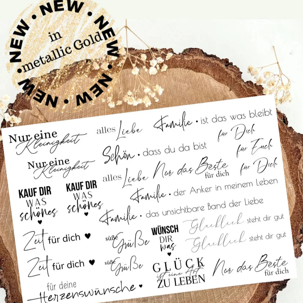 Goldene Rub On Sticker A5 von easy-sticks, ideal für DIY Projekte; metallische Aufkleber mit kreativen Sprüchen und Motiven, perfekt für festliche Anlässe.