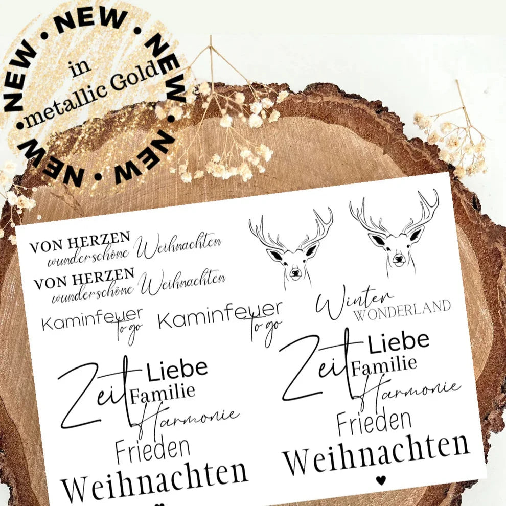 Goldene Aufkleber Weihnachten von easy-sticks - Randlose Rub On A5, wetterfest mit schönen Weihnachtsmotiv und elegantem Design auf Holzuntergrund.