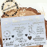 Goldene Happy Birthday Rub On UV Sticker randlos A5 von easy-sticks, glänzende Sticker mit kreativen Sprüchen und Motiven zur persönlichen Gestaltung von Geburtstagskarten.