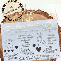 Goldene Happy Birthday Rub On UV Sticker randlos A5 von easy-sticks, glänzende Sticker mit kreativen Sprüchen und Motiven zur persönlichen Gestaltung von Geburtstagskarten.