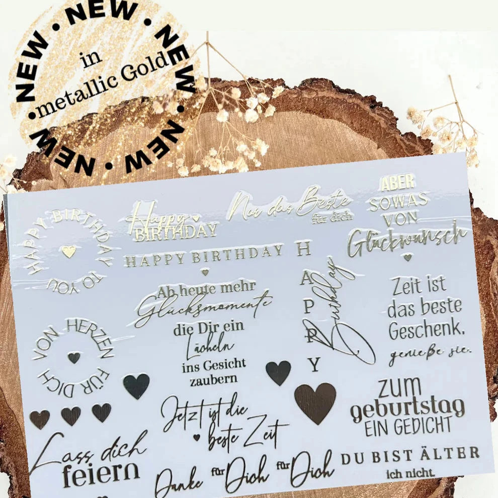 Goldene Happy Birthday Rub On UV Sticker randlos A5 von easy-sticks, glänzende Sticker mit kreativen Sprüchen und Motiven zur persönlichen Gestaltung von Geburtstagskarten.