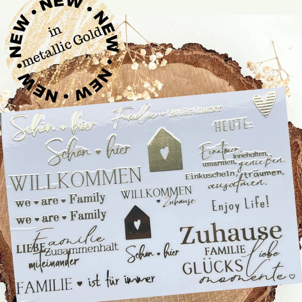 Zuhause Rub On Sticker Gold von easy-sticks in metallic Gold, mit verschiedenen motivierenden Sprüchen und Designs für das Zuhause, darunter 'Willkommen' und 'Familie ist für immer'.