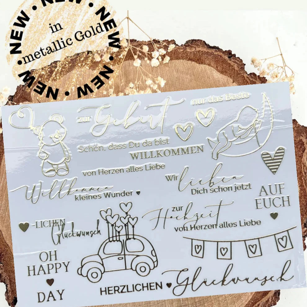Randlose Rub On UV Sticker von easy-sticks in metallic Gold, ideal für Geschenke zur Geburt und Hochzeit mit verschiedenen liebevollen Sprüchen und Motiven.