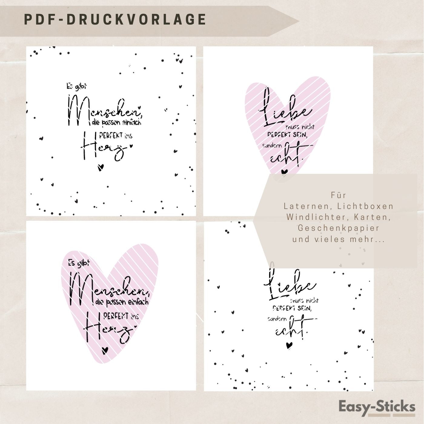Bezaubernde PDF Druckvorlage von Easy-Sticks für Laternen und Lichtboxen mit Herzen und liebevollen Sprüchen. Ideal für kreative DIY Geschenke und Dekorationen.