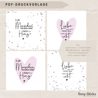 Bezaubernde PDF Druckvorlage von Easy-Sticks für Laternen und Lichtboxen mit Herzen und liebevollen Sprüchen. Ideal für kreative DIY Geschenke und Dekorationen.