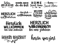 Vielseitige Plotterdateien mit herzlichen Willkommenssprüchen für kreative DIY-Projekte. Enthält verschiedene Designs wie "Home Sweet Home" und "Willkommen bei uns zuhause" hergestellt von easy-sticks, Teil des "Herzlich Willkommen" Bundles.