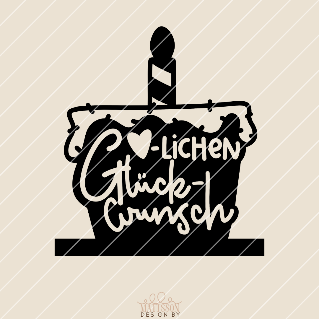 Schwarz-weiße Grafik des Kuchens mit der Aufschrift 'Herzlichen Glückwunsch Kuchen' von easy-sticks, perfekt für kreative Bastelprojekte.