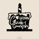 Schwarz-weiße Grafik des Kuchens mit der Aufschrift 'Herzlichen Glückwunsch Kuchen' von easy-sticks, perfekt für kreative Bastelprojekte.