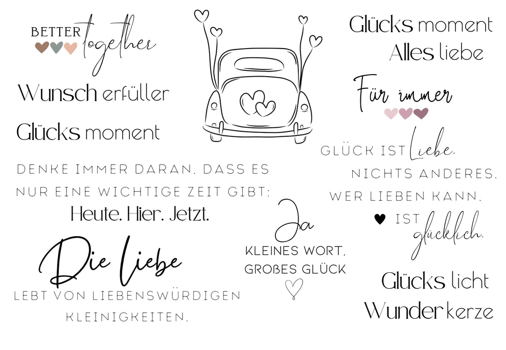 Rub On UV Sticker randlos Liebe A5 - schwarze Druckschrift: Eine designreiche Zusammenstellung von Glücks- und Liebeszitaten, umgeben von einem stilisierten Auto mit Herzmotiven. Kunstwerk von easy-sticks.