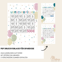 PDF Druckvorlage für Spardose von easy-sticks, einschließlich verschiedener Beträge und farbenfrohen Ballons, ideal für kreative Geldgeschenke.