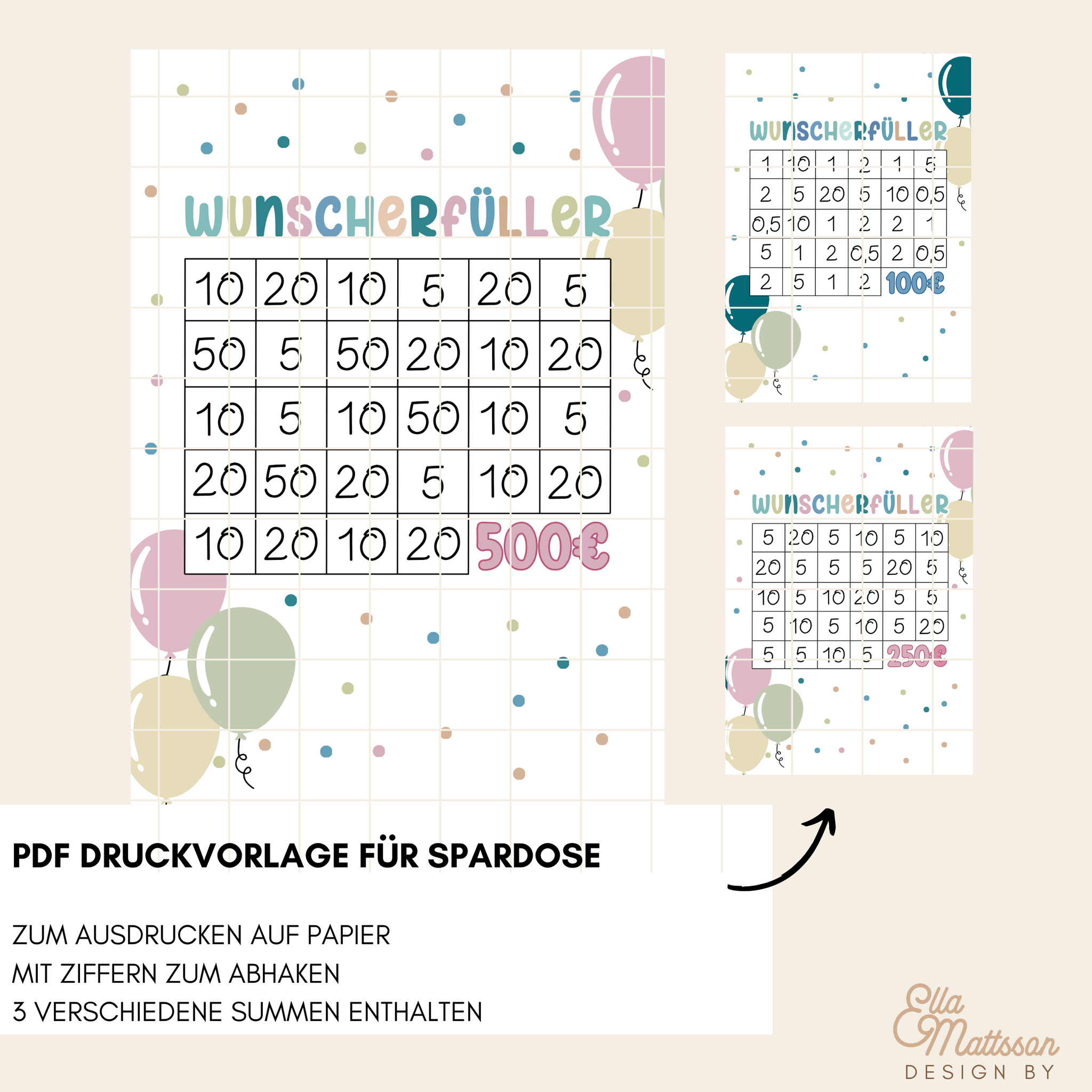 PDF Druckvorlage für Spardose von easy-sticks, einschließlich verschiedener Beträge und farbenfrohen Ballons, ideal für kreative Geldgeschenke.
