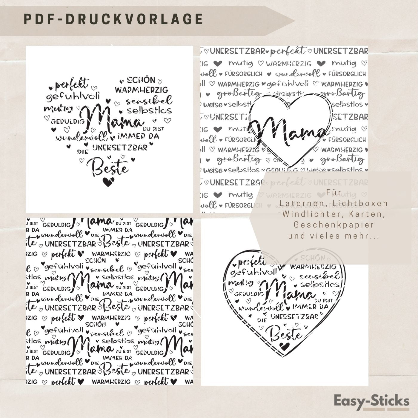 PDF Druckvorlage für eine einzigartige Mama-Laterne von easy-sticks, präsentiert auf einem kreativen Hintergrund mit Herzen und liebevollen Worten.