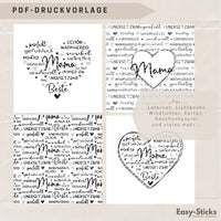PDF Druckvorlage für eine einzigartige Mama-Laterne von easy-sticks, präsentiert auf einem kreativen Hintergrund mit Herzen und liebevollen Worten.