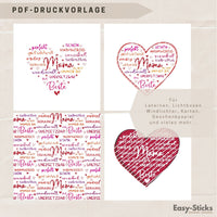 Bunte PDF Druckvorlage für die Mama-Laterne von easy-sticks, hervorgehoben durch ein charmantes Design mit Herzen und liebevollen Sprüchen.