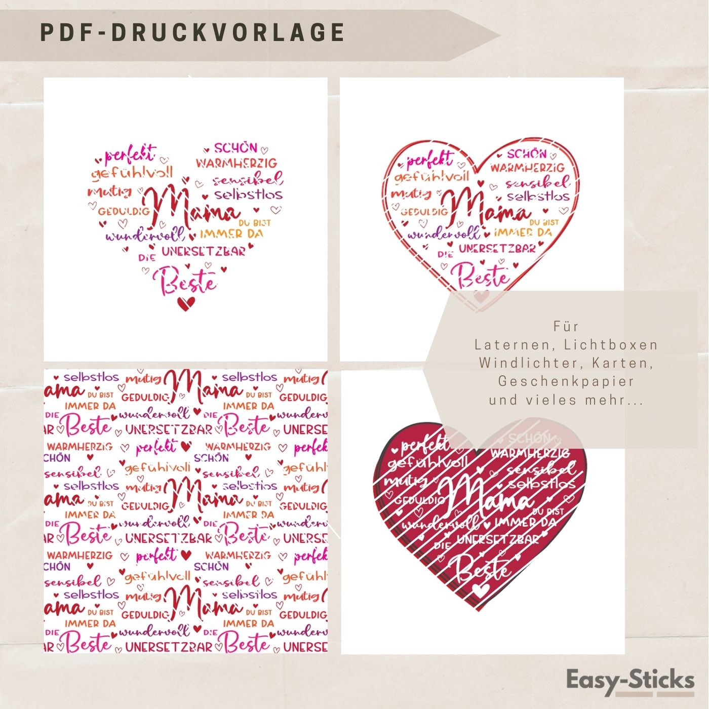Bunte PDF Druckvorlage für die Mama-Laterne von easy-sticks, hervorgehoben durch ein charmantes Design mit Herzen und liebevollen Sprüchen.