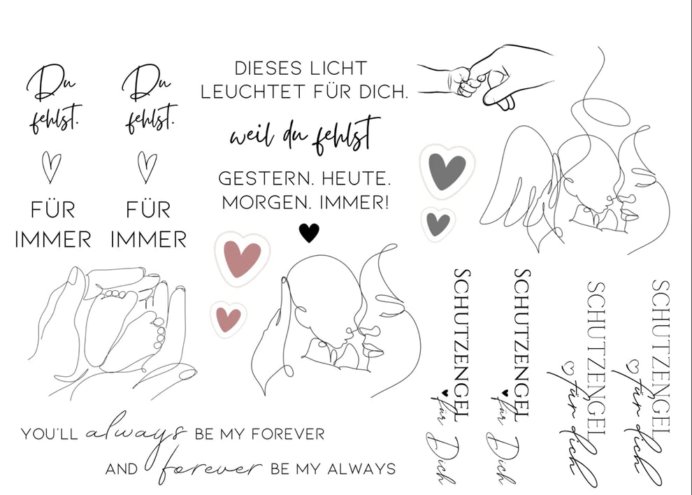 Rub On UV Sticker randlos MamaKind A5 von easy-sticks mit künstlerischen Motiven und spritzigen Sprüchen für kreative DIY-Projekte und personalisierte Gestaltung. Designs umfassen liebevolle Botschaften und zarte Illustrationen.