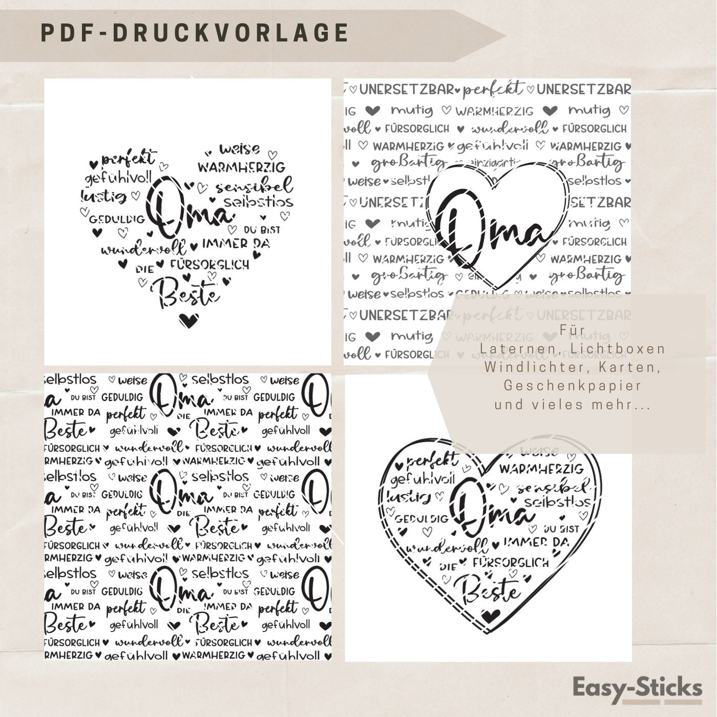 Oma du bist ... Laterne und Lichtbox PDF Druckvorlage in Rot, Bunt und Schwarz - Kreative Geschenkideen Oma