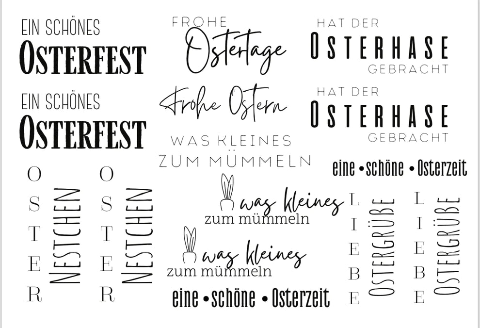 Rub on UV Sticker randlos Ostern von easy-sticks: Vielfältige Osterbotschaften und Motive in eleganter Schriftart, ideal für festliche Bastelarbeiten und um persönliche Akzente zu setzen.