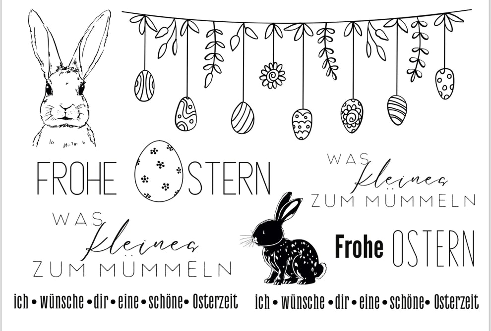 Rub On UV Sticker randlos Ostern 5 A5 von easy-sticks, Darstellung von Hasen und Ostereiern mit festlichen Texten für kreative Bastelprojekte.