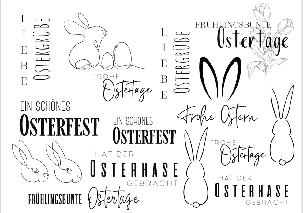 Rub on UV Sticker randlos Ostern von easy-sticks, stilvolle und verspielte Osterdesigns, ideal zum Verzieren von Karten und Bastelideen.