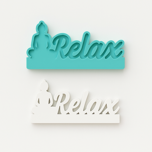 Farbige Silikonform von Easy-Sticks mit dem Schriftzug 'Relax' und Buddha-Silhouette - Perfekt für DIY-Projekte