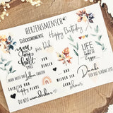 Rub on UV Sticker randlos Mix3 A5 von easy-sticks mit kreativen Schriftzügen und floralen Motiven für DIY-Projekte, ideal für persönliche Geschenke.