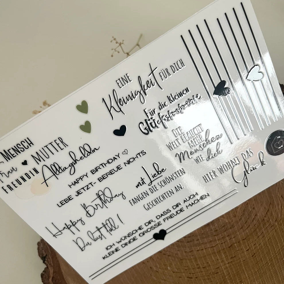 Rub On UV Sticker randlos Mix4 A5 von easy-sticks, gestaltet mit eleganten und kreativen Designs, perfekt für das Verschönern von Notizen und Geschenken. Feine Schriftzüge und grafische Elemente für vielseitige Anwendungen.