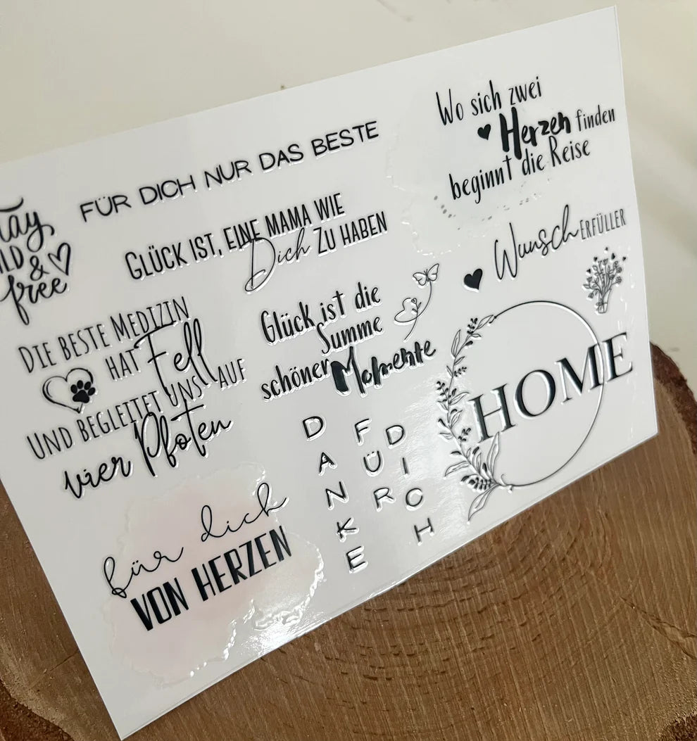 Rub On UV Sticker randlos Mix1 A5 von easy-sticks - eine wunderschöne Übersicht über verschiedene Designs und Schriftzüge auf transparentem Hintergrund.