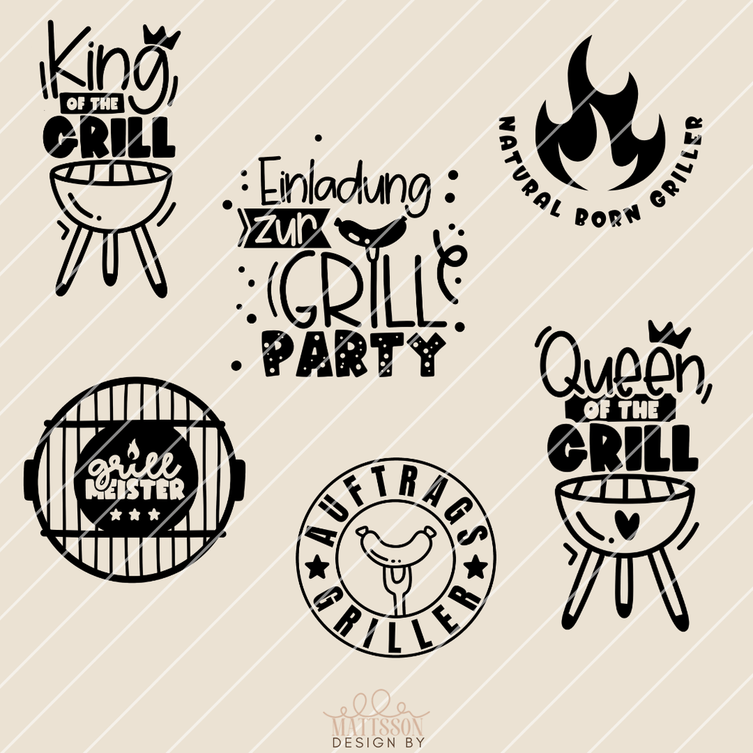 Grill Bundle - Einladung zur Grillparty, King of the Grill, Queen of the Grill, Natural Born Griller, Grillmeister, Auftragsgriller