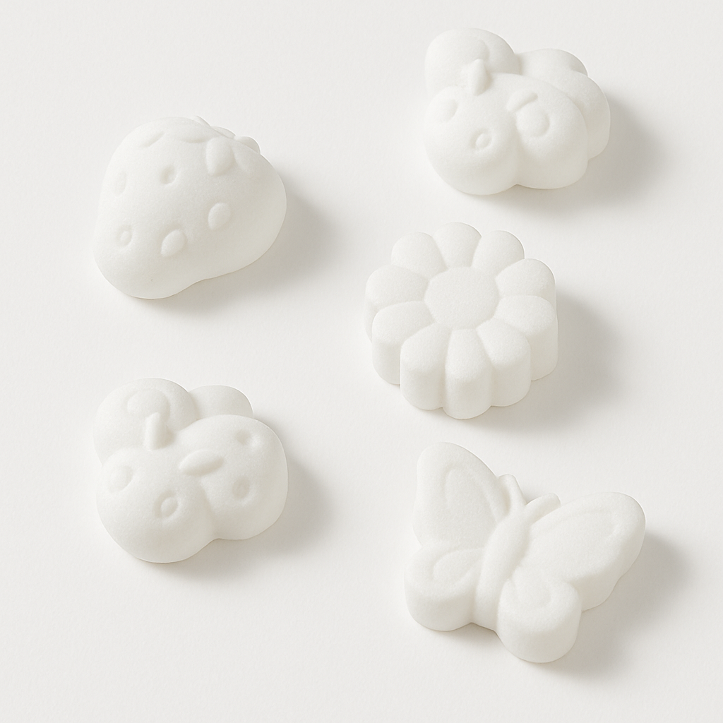 Weiße Formen in Schmetterlings-, Marienkäfer- und Blumen-Design, aus der Silikonform von Easy-Sticks - perfekt für Backen und Dekorieren.