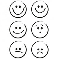 Sechs verschiedene Smiley-Gesichter, dargestellt in klaren schwarz-weißen Linien. Enthält fröhliche, nachdenkliche und traurige Emojis. Perfekt für kreative Anwendungen mit dem Stempel Clear, Smile von easy-sticks.